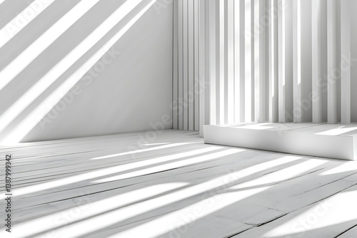 White empty wall mockup with parquet floor, bright room with sunlight and shadows, interior design of a modern home or office space, close-up.
