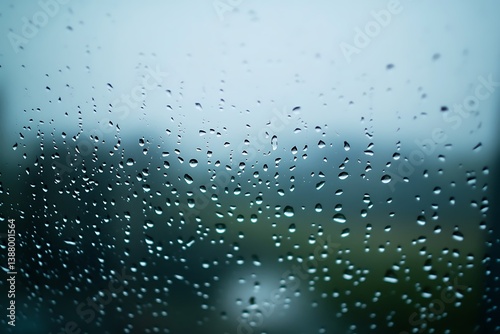 Raindrops on a window, blurry background, foggy day, cloudy sky, gray color, green tint, dark and gloomy, hazy, heavy rain
