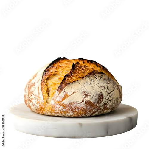 Freshly baked sourdough loaf isolated on white background