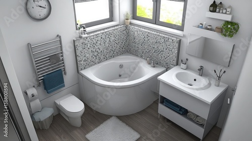 A compact bathroom setup featuring a corner sink and space-saving fixtures.