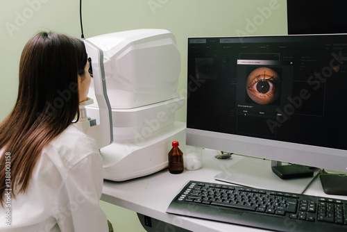 Examination of eyes of patient using optical coherence tomograph. Ophthalmologist is scanning cornea of girl patient. Optical coherence tomography OCT scan to create pictures of the back of eye.