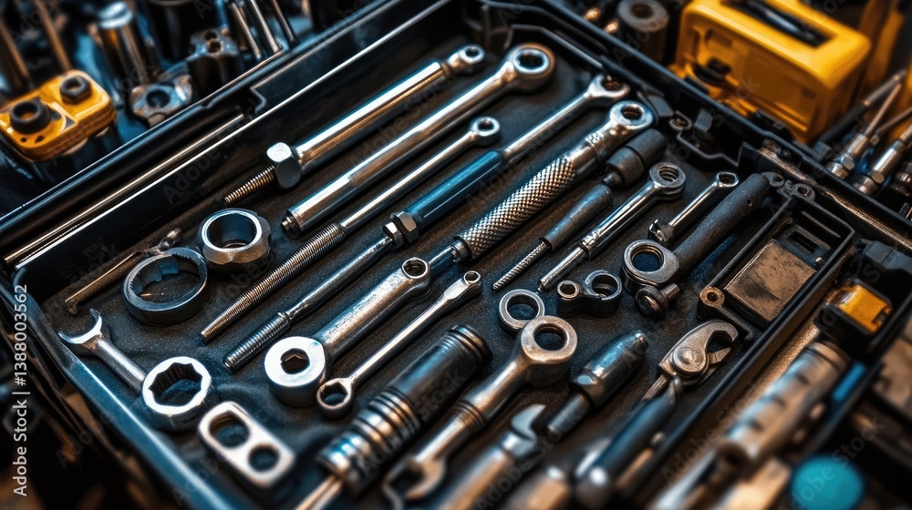 A high-quality mechanic's toolbox, organized with precision instruments. A high-quality mechanic's toolbox, organized with precision instruments.