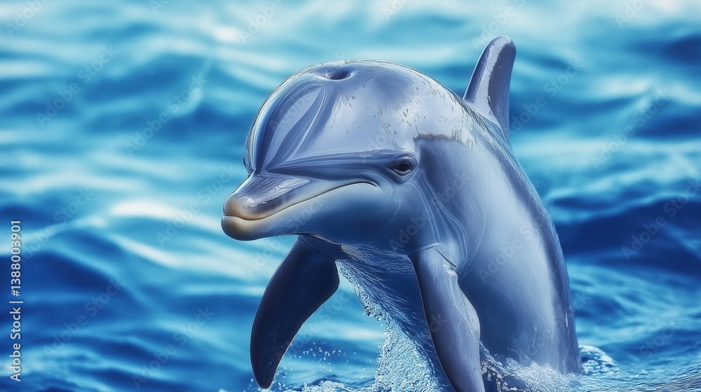 Naklejka premium Playful dolphin peeking out of the water, great for marine life, education, and environmental concepts.