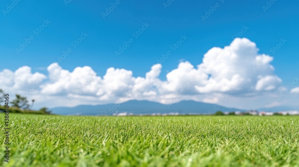 Lush green grass dominates the foreground, leading the eye to a background of fluffy white clouds and distant mountains under a vibrant blue sky. The image is well-lit, creating a bright and cheerful Lush green grass dominates the foreground, leading the eye to a background of fluffy white clouds and distant mountains under a vibrant blue sky. The image is well-lit, creating a bright and cheerful
