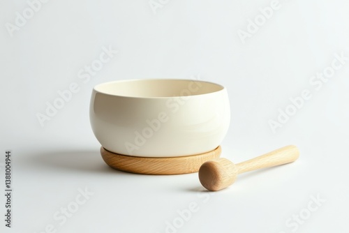 A calming sound bath bowl with a wooden mallet resting beside it, isolated on a white background.