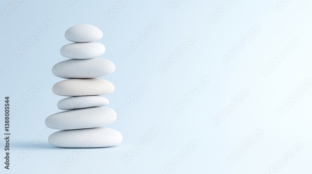 Stacked Stones Minimalist Design, Smooth Textures, Soft Lighting, Centered Vertical Shot, Balanced Composition, Zen Concept, Light Blue Background, Serene Pastel Palette, Ideal for Spa Marketing.