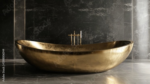 A sleek oval bathtub with gold-plated fittings and an elegant marble background.