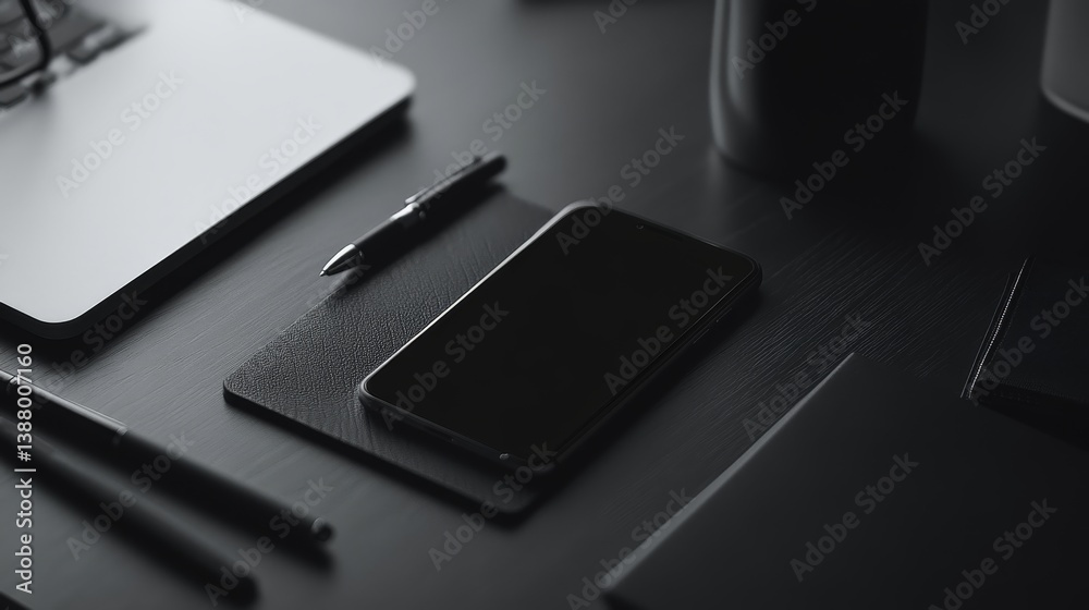 Minimalist Desktop Scene with Smartphone, Notepad, and Pen Minimalist Desktop Scene with Smartphone, Notepad, and Pen