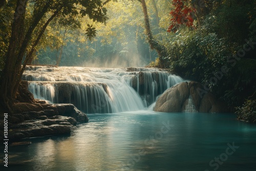 A picturesque waterfall cascades over tiered rocks into a tranquil pool