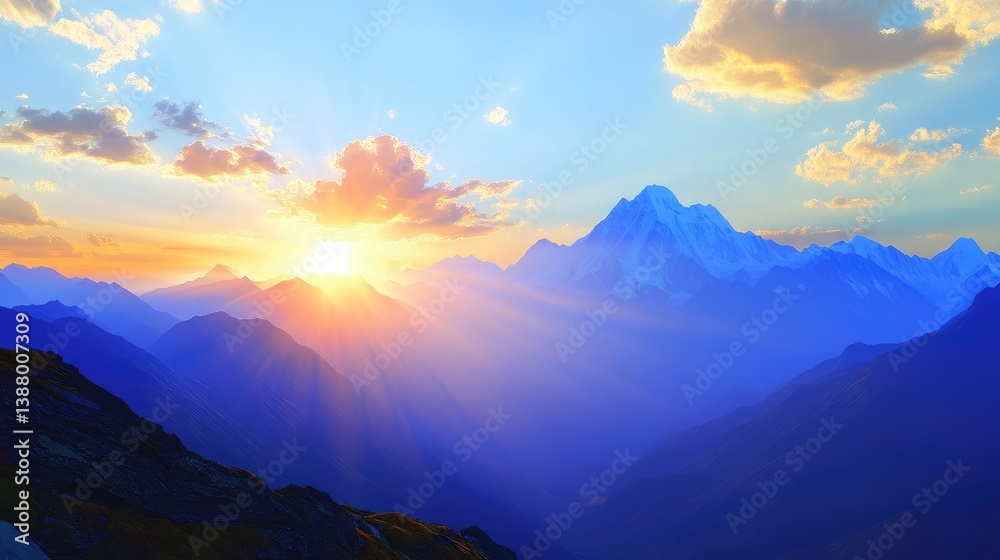 Obraz premium A sunrise view from a mountain peak, overlooking rolling hills and valleys.