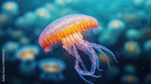 Colorful jellyfish floating gracefully underwater, perfect for marine life, nature, and wildlife themes.