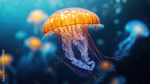 Colorful jellyfish floating gracefully underwater, perfect for marine life, nature, and wildlife themes.