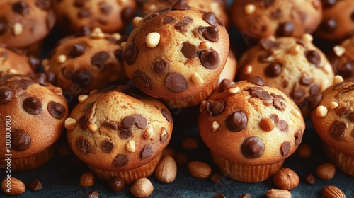 Tasty chocolate chip muffins with crunchy nuts, ideal for baking enthusiasts and dessert lovers alike.