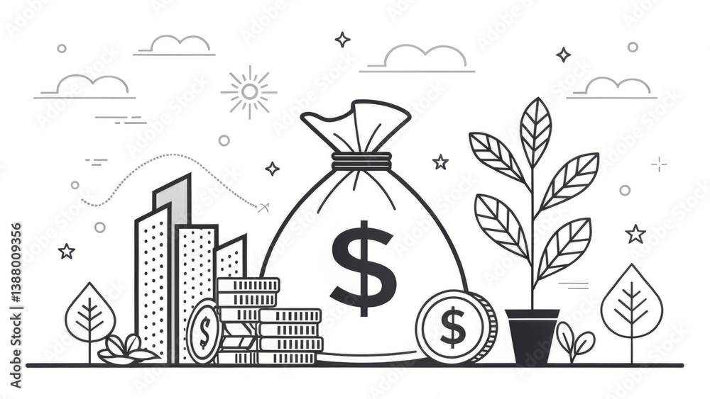 Fototapeta premium A money bag overflowing with financial growth, symbolizing wealth and prosperity amidst a cityscape and thriving plant, depicted in a clean minimalist line art style.