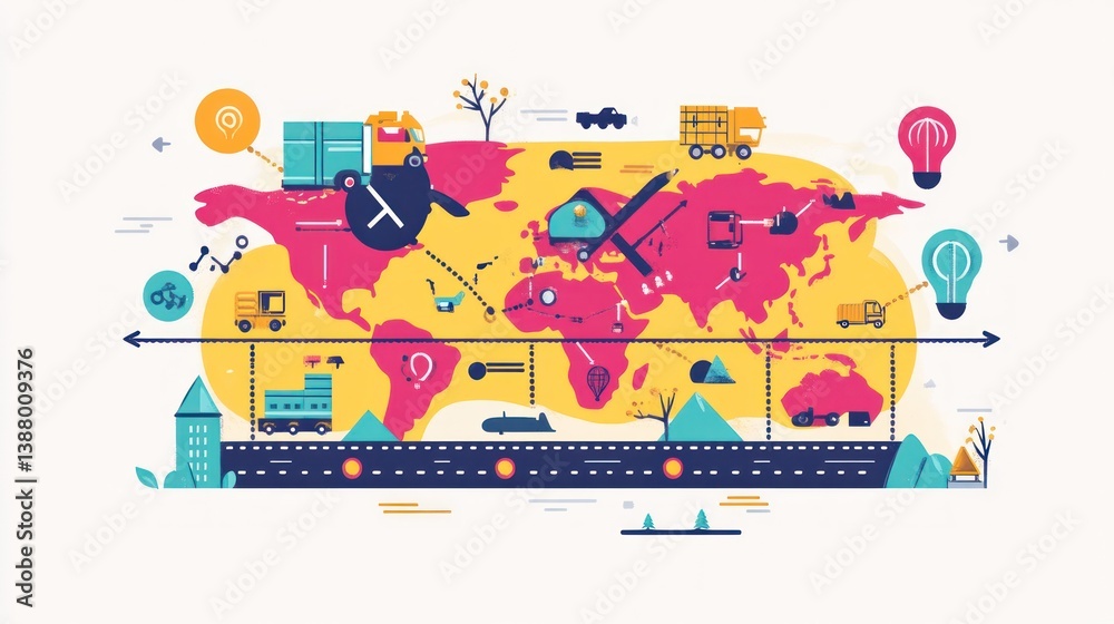 Fototapeta premium Global Logistics Illustration, World Map, Transportation, Idea Background