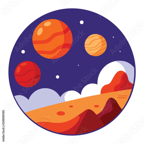 Cartoon space rocket vector illustration features a spaceship flying towards a planet under the starry night sky