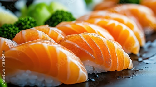 Close-up of fresh salmon nigiri on ice, perfect for food, restaurant, and Japanese cuisine themes.