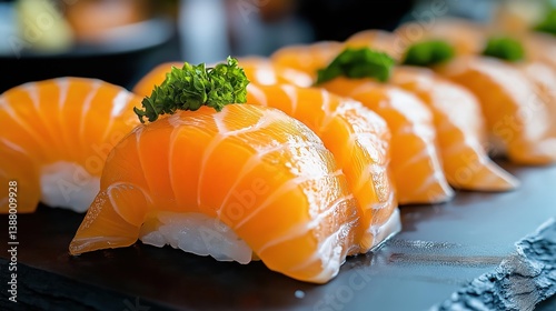 Close-up of fresh salmon nigiri on ice, perfect for food, restaurant, and Japanese cuisine themes.