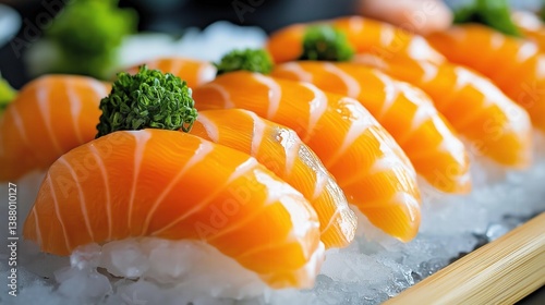 Close-up of fresh salmon nigiri on ice, perfect for food, restaurant, and Japanese cuisine themes.
