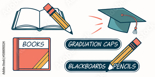 Cartoon Education Icons Vector Clipart: Books Pencils Graduation Caps