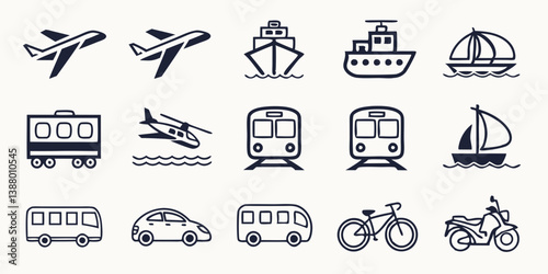 Minimalist Black and White Transportation Icons: Airplane, Ship, Boat, Train, Bus, Car, Bicycle, Motorcycle, Helicopter - Travel Symbols Set