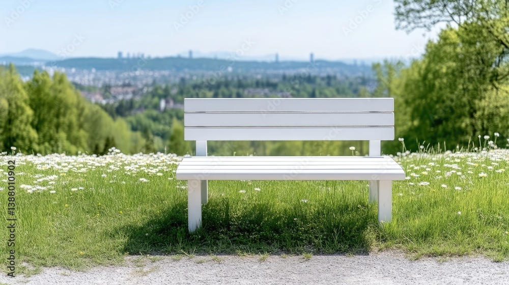 A solitary white wooden bench resting on a grassy hilltop with a panoramic city view, surrounded by lush green trees, and peaceful and serene setting. A solitary white wooden bench resting on a grassy hilltop with a panoramic city view, surrounded by lush green trees, and peaceful and serene setting.
