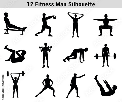 Set Of Fitness Man Silhouette Exercising With Various Equipments On White Background