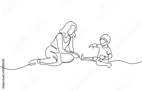 Mom with her young kid in continuous line art drawing style, Single continuous line drawing of young female pediatric doctor invited cute baby toddler patient to play and follow her instruction.