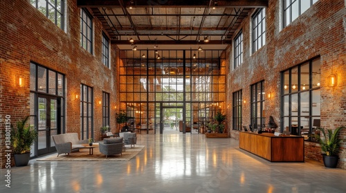Textural interplay of old brick  modern glass  and metal in repurposed factory or warehouse interiors with contrasting elements