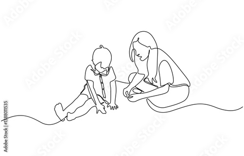 Mom with her young kid in continuous line art drawing style, Single continuous line drawing of young female pediatric doctor invited cute baby toddler patient to play and follow her instruction.