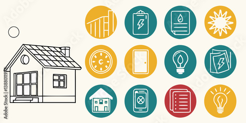 Smart Home Energy Efficiency Circular Icons Vector House Outline Illustration