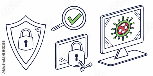 Cybersecurity Doodle Illustration Shield Checkmark Padlock Virus Digital Threat Protection