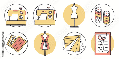 Fashion Apparel Sewing Flat Vector Icons: Machine, Mannequin, Thread, Fabric, Scissors