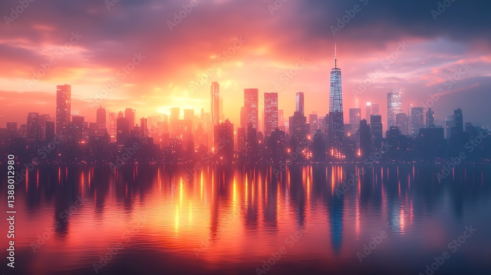 Fiery city skyline reflected in calm waters at sunset warm golden hues and soft light Fiery city skyline reflected in calm waters at sunset warm golden hues and soft light