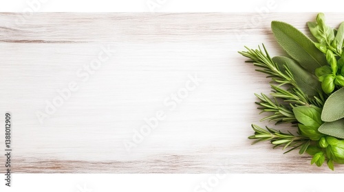 A high-resolution image shows fresh herbs, including rosemary, sage, and basil, arranged on a light wood surface. The herbs are vibrant green, creating a fresh and natural feel. The composition is si
