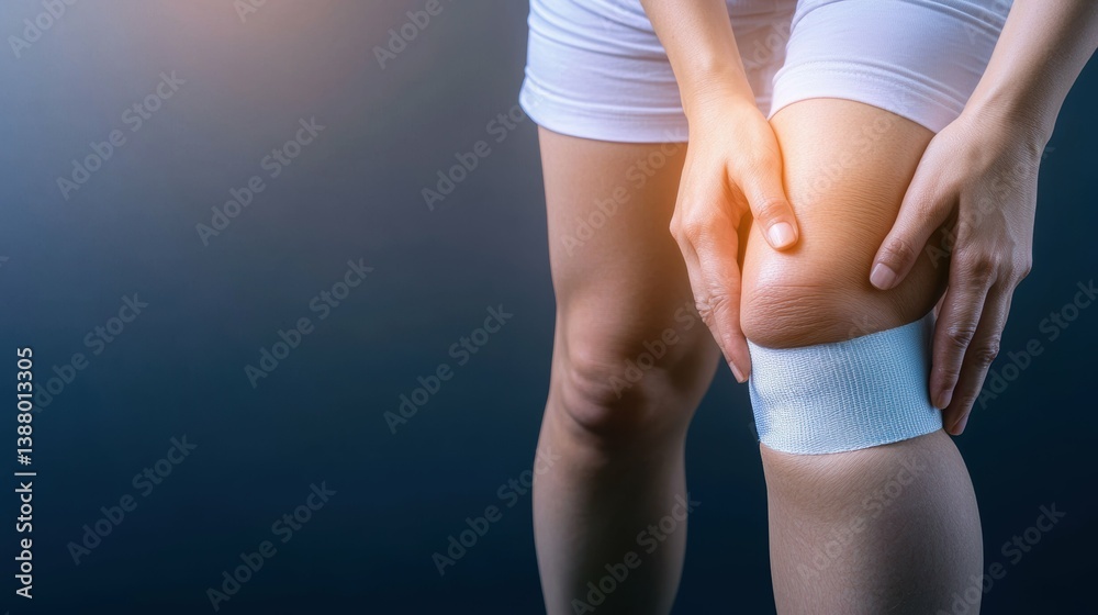 Fototapeta premium Injury recovery woman with knee brace home setting health focus close-up view wellness journey