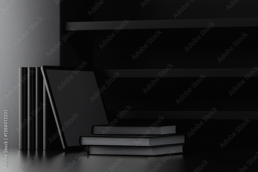 Stylish monochrome background featuring books and a digital tablet for educational inspiration in a professional setting Stylish monochrome background featuring books and a digital tablet for educational inspiration in a professional setting