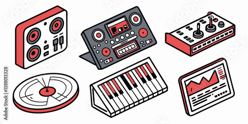 Red and Black Isometric Music Studio Equipment: Turntable, Mixer, Drum Machine, Keyboard, Reel to Reel Tape, Tablet Music Production Gear Set Illustrations