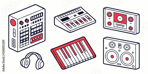 Isometric Music Production Equipment: Drum Machine, Mixer, Sampler, Keyboard, Headphones, Speakers - Red and White Line Art Style Illustration