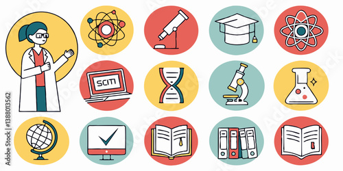 Science Education Vector Icons Set Flat Design - Scientist Atom Telescope Microscope DNA Graduation Cap Books Globe Computer Flask Binders for Learning and Research
