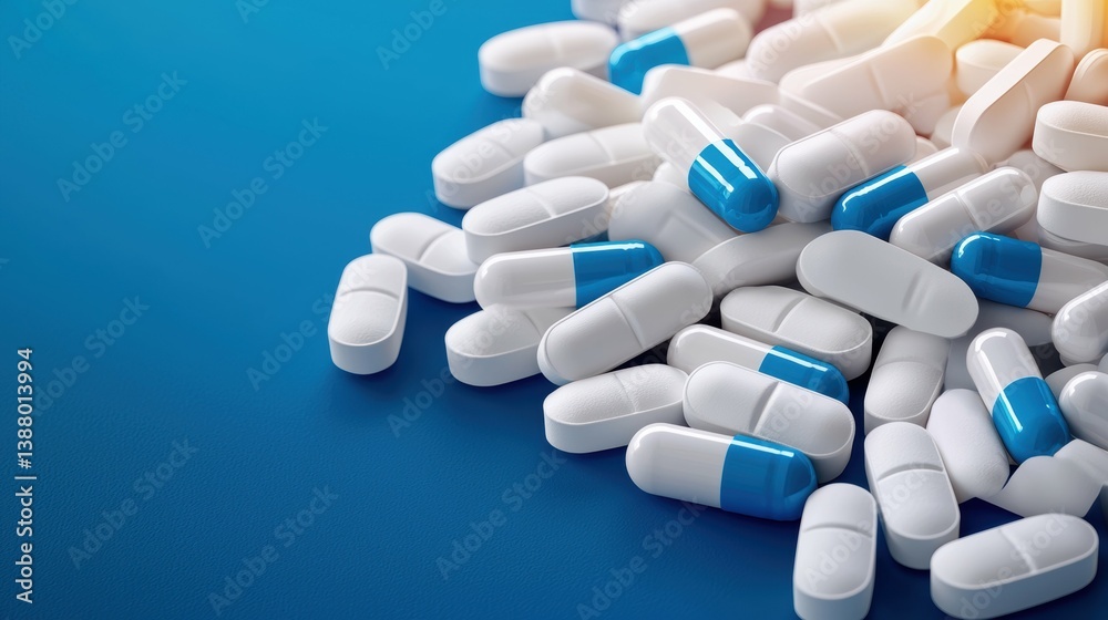 Healthcare event white medication tablets on cerulean surface stock photo close-up pharmaceutical concept Healthcare event white medication tablets on cerulean surface stock photo close-up pharmaceutical concept