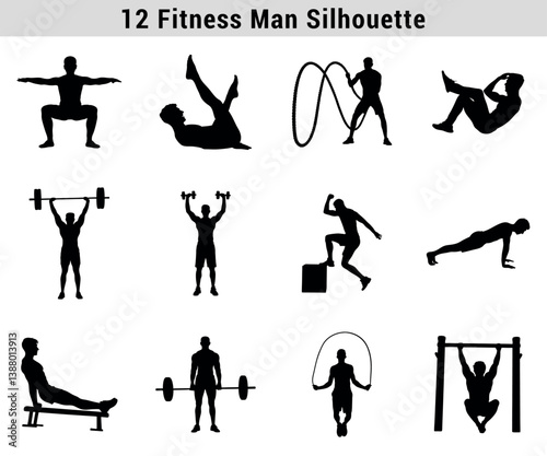 Man Silhouette Fitness Training Exercises Workout Set Diverse Activities Routine Vector