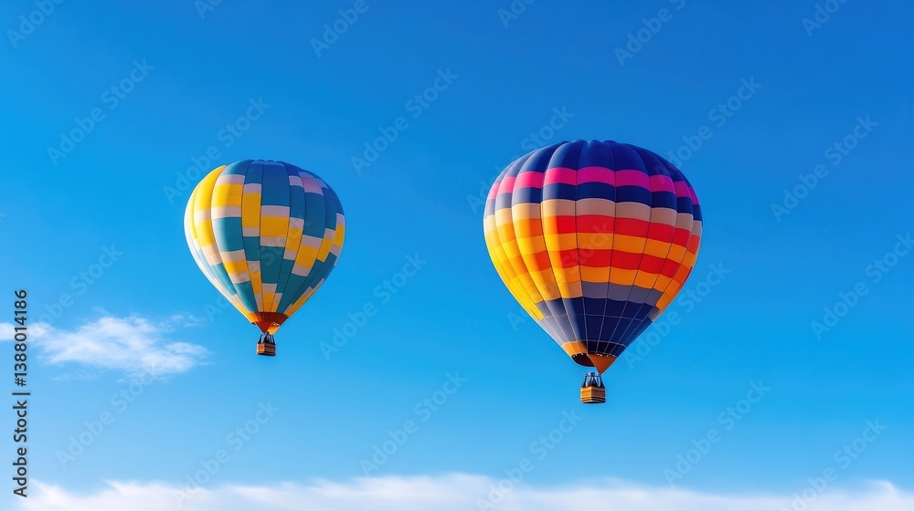 Two hot air balloons float against a clear blue sky. The larger balloon displays vibrant horizontal stripes of orange, yellow, pink, and blue. A smaller balloon features a geometric pattern in teal, Two hot air balloons float against a clear blue sky. The larger balloon displays vibrant horizontal stripes of orange, yellow, pink, and blue. A smaller balloon features a geometric pattern in teal,