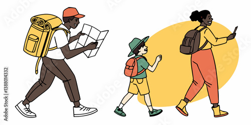 Cartoon Family Hiking Adventure Vector Illustration: People with Backpacks, Map, Phone Navigating Outdoors. Orange, Yellow Colors. Travel, Nature, Exploration, Outdoors, Activity, Fun Trip