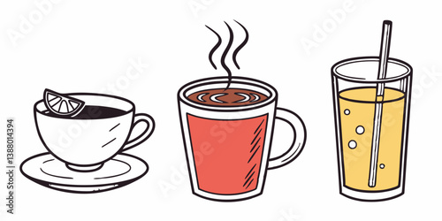 Cartoon Drinks Illustration: Tea with Lemon, Hot Coffee, and Juice with Straw