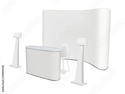 Exhibition set template. Blank white trade show backdrop display, table counter, chair, digital tablet kiosk floor ipad stands. Vector mock-up. Trade show booth mockup kit