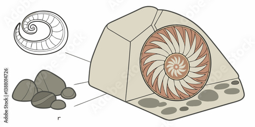 Cartoon Illustration of Ammonite Fossil Embedded in Rock with Diagram and Pebbles - Geology & Paleontology Education