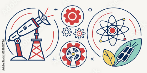 Science Technology Engineering Innovation Industry Vector Flat Design Illustration of Telescope Gears Atom Solar Panel Leaves Line Art Graphics