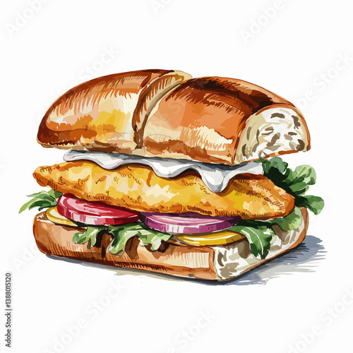 Watercolor Lake Trout Sandwich with Pickles and Lettuce