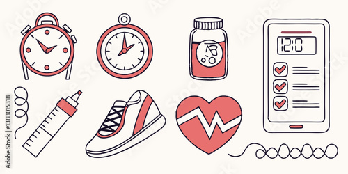 Health and Fitness Vector Icons Set Alarm Clock Stopwatch Medicine Bottle Running Shoe Heart Smartphone Checklist Illustration Vector Design